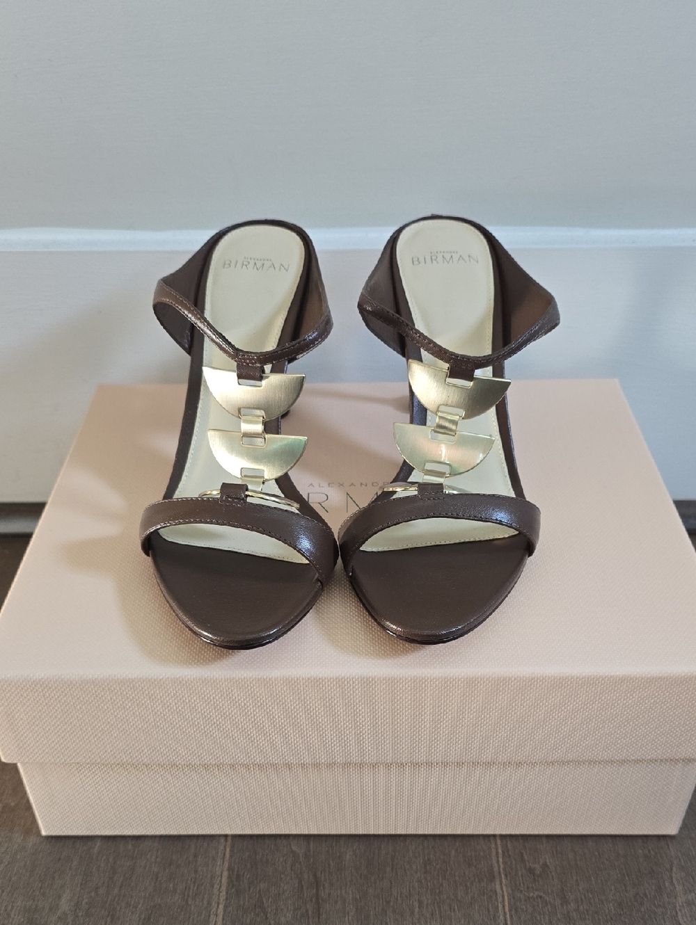 Alexandre Birman Chocolate Brown Leather Heeled Sandals with Gold Accents